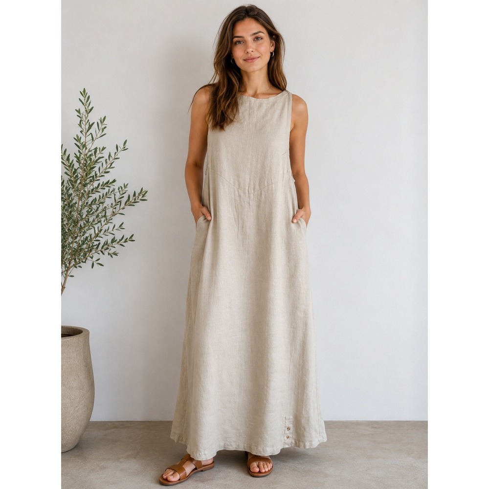 Sarah Pacini Linen Maxi Dress Beige Lagenlook Art to Wear Made in Italy Medium